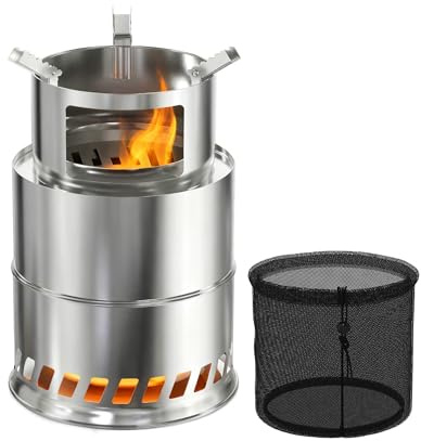 XMTECH Holzofen Campingkocher aus Edelstahl, Hobo Kocher mit rutschfestem Topfständer für Pfannen, Töpfe & Wasserkocher, vielseitig zum Braten, Kochen, Grillen, Picknick, BBQ, inkl. Tragetasche