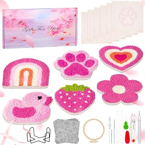 Homgaty 6PCS Punch Needle Kit, Embroidery Coaster Craft Set for Adults | Comes with hoop, thread, stand & 6 pink designs, DIY cross stitch art decor, ideal craft hobby gifts for starters