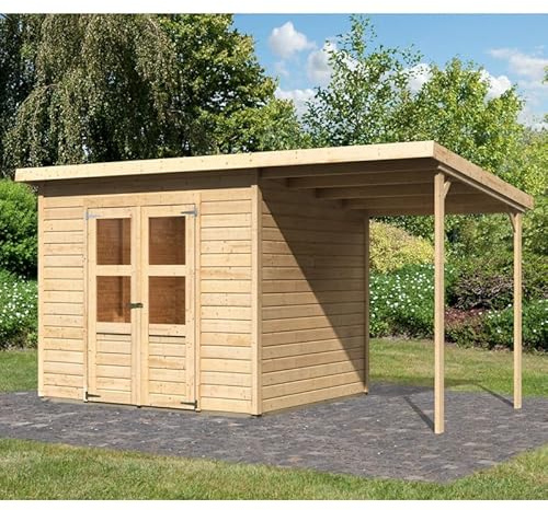 Karibu Abri de Jardin Bois Brut Merseburg 5 | 5,18m² avec Appentis et Embase Traitée | Toiture Plate, Double Porte Semi-Vitrée | Dimensions 242x214cm