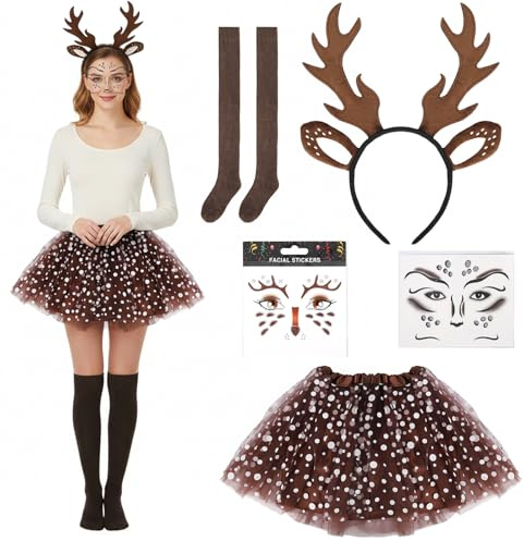 ZENGOD Reh Kostüm Damen Mädchen, Haarreif Reh Geweih, Reh Gesichtstattoo, Brauner Tüllrock und Overknee Socken für Fasching Mottoparty - Weihnachten, Halloween und Karneval Kostüm
