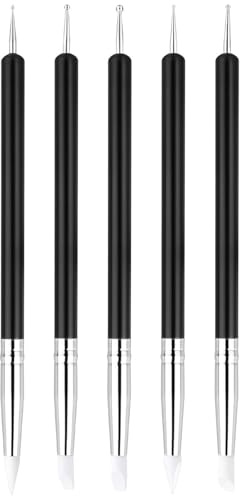WINXMIN 5 Pezzi Pennelli in Silicone per Unghie, pennelli unghie gel,Pennelli in Nail Art con due punte Pennello, Nail Art Sculpture Pen, per intaglio per unghie in gel Strumenti per nail art,nero