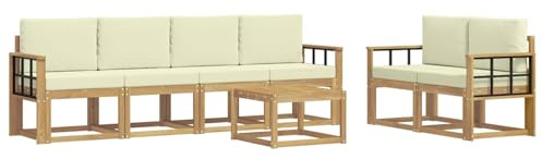 vidaXL Outdoor-Sofagarnitur mit Kissen 7 pcs Weiß und Creme, Moderne Outdoor-Sofagarnitur, robuste Eckcouch, stylisches Gartenmöbel, Akazienholz, Bequeme Sitzplätze