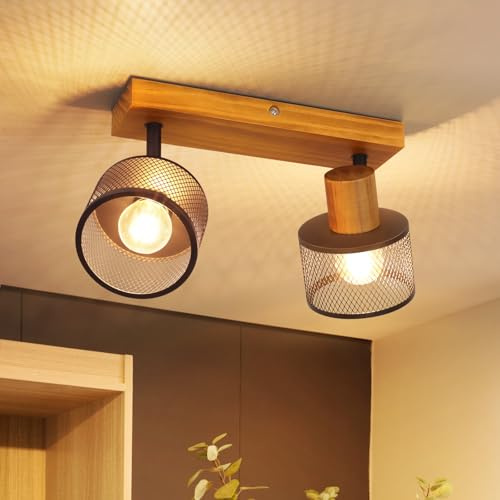ZMH Deckenleuchte 2 flammig Deckenlampe Flur Deckenstrahler Holz Vintage | E14 Flurlampe Schwarz Metall Wandstrahler Schwenkbar mit Gitterschirm Retro Spotleuchte für Küche(ohne Leuchtmittel)