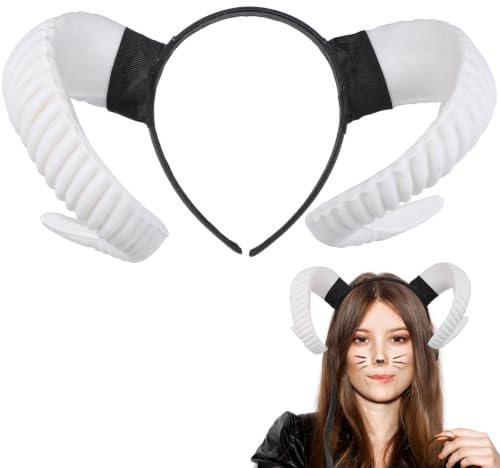 SEWACC Devil Ram Horn Headband, Halloween Gothic Sheep Headband for Cosplay Costume Stage Performance Prop (white)
