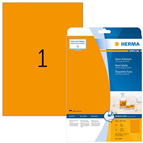HERMA 5149 Farbige Etiketten neon orange, 640 Blatt, 210 x 297 mm, 1 pro A4 Bogen, 640 Stück, selbstklebend, bedruckbar, matt, blanko Papier Neon-Etiketten Farbaufkleber