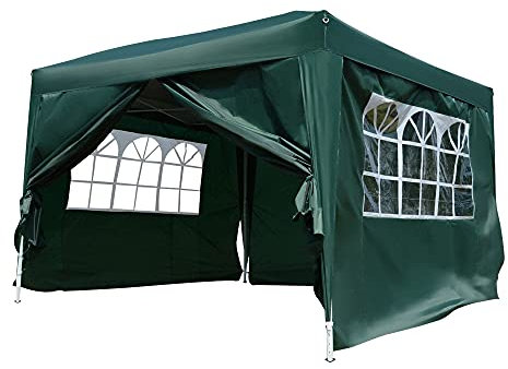 Outsunny 3 x 3 m Garden Pop Up Gazebo, Wedding Party Tent Marquee, Water Resistant Awning Canopy with Sidewalls, Windows, Carry Bag, Green
