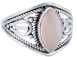 mantraroma Rosenquarz Edelstein Ring Damen 925 Sterling Silber – Vintage Cabochon Schmuck