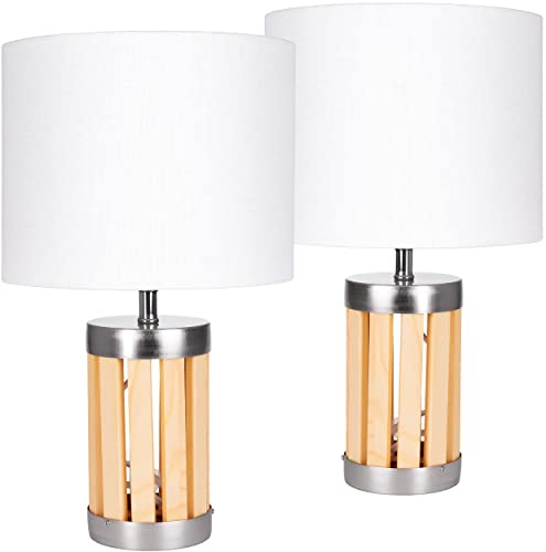 BRUBAKER - Lampe de table/de chevet - Lot de 2 - Design moderne - Hauteur 33 cm - Pied en Bois & Métal - Abat-jour en Tissu/Beige