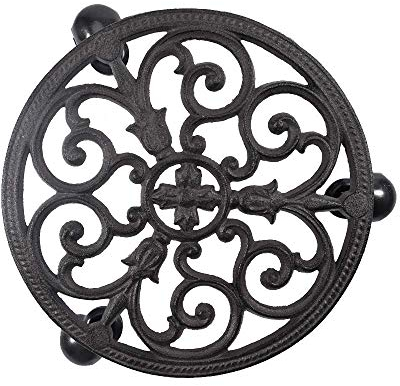 Sungmor Heavy Duty Cast Iron Plant Caddy with Wheels - 11 Inch Rolling Flower Stand Round Planter Rollers - Black Brown Movable Plant Trays - Indoor Outdoor Flower Pot Pallet Furniture Dolly Trolley