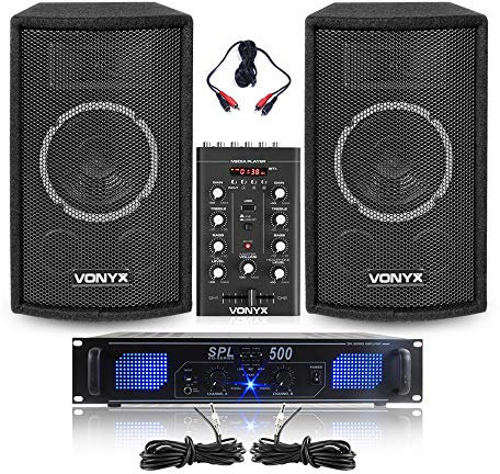 VONYX SL8 Home DJ Sound System with SPL500 Amplifier and STM500BT Bluetooth Mixer – 800W Complete Speaker and Amp Package with Mixer, USB MP3, EQ, Ideal for Beginners and Home Parties