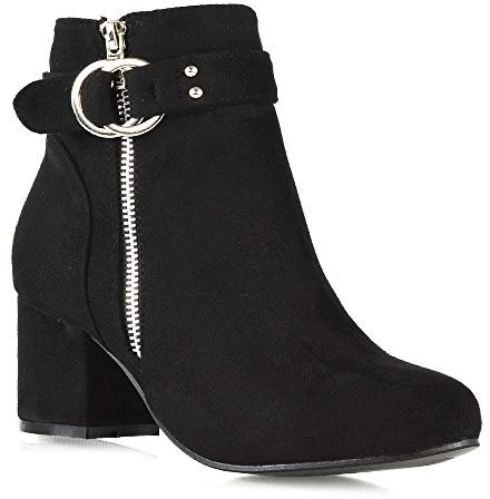 ESSEX GLAM Womens Ankle Boots Block Low Mid Heel Ladies Zip Buckle Strap Smart Booties Shoes Black Faux Suede