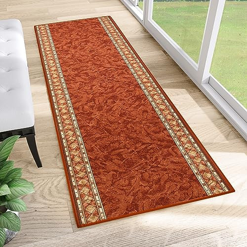 TAPISO Anti Rutsch Teppich Läufer rutschfest Brücke Meterware Orange Gelb Ornament Design Meliert Flur Küche Wohnzimmer 100 x 400 cm