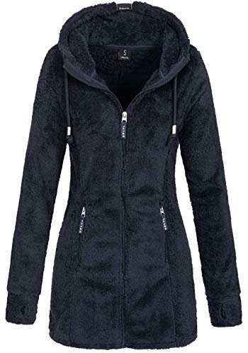 Sublevel Damen Teddyfleece-Jacke Mantel LSL-357 mit Kapuze Indigo Blue S
