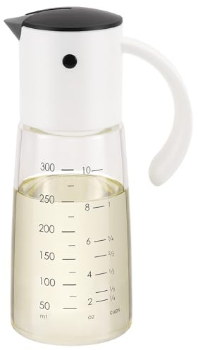 Vucchini Olive Oil Dispenser Bottle Auto Flip 10 oz | White Glass Cruet Drip-free Spout for Olive Oil, Vinegar, Soy Sauce dispenser for Kitchen Cooking.