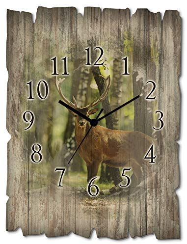 ARTLAND Wanddeko Wanduhr ohne Tickgeräusche aus Holz Quarzuhr 30x40 cm Rechteckig Lautlos Natur Tiere Hirsch Wald Landschaft Originell Nordisch T5YP