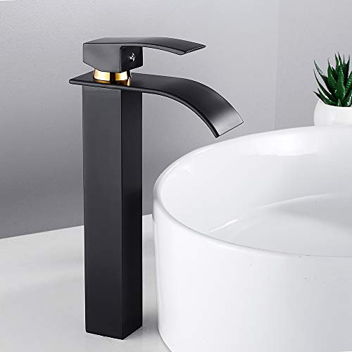 Rubinetto Bagno Lavabo Cascata Alto MIscelatore Bagno Alto a Cascata con Acqua Calda e Fredda in Ottone (NERO ORO)