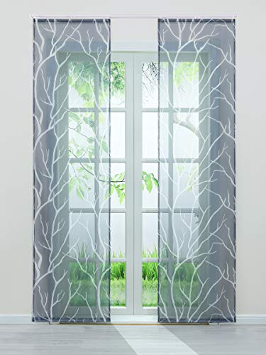 Voile Schiebegardinen mit Äste Muster Flächenvorhänge Vorhang Gardine Klettband Komplett mit Paneelwagen Beschwerungsstange (2er-Set, je H/B: 145/57 cm)