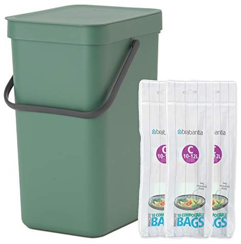 Sort & Go Kitchen Waste/Recycling Bin – 12 Litre – Fir Green & 30 x 10-12L Compostable bags WITH All Green composting guide
