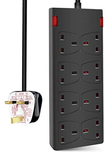 ExtraStar 8 Way Extension Lead 13A Fused Power Strips UK Plug with Indicator Light (1M, Black)