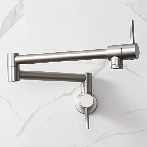 HAIYUNDA Grifos de llenado de olla de cocina para montaje en pared, doble articulación comercial, grifo de fregadero de cocina, plegable, extensible con un solo agujero, dos asas (níquel cepillado)