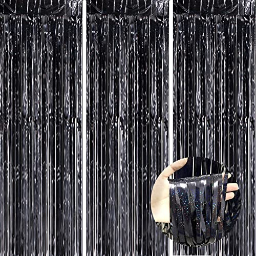 Andiekr 3 Stück Lametta Vorhänge, Metallic 1 * 2m für Tür Fenster Hintergrund Foto Requisiten (Schwarz)