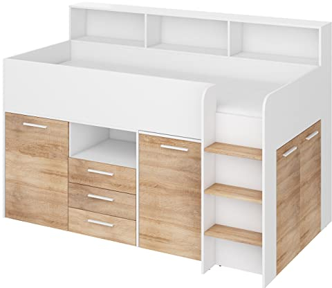 BIM Furniture Etagenbett NEO P Kindermöbel, Möbelset für Kinderzimmer, EIN Bett mit Schreibtisch, Regalen, Schubladen: Rechte Seite (weiß/Sonoma Eiche), 80 x 200 cm