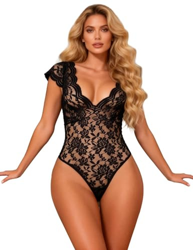 ohyeahlady Women's Bodysuits Stretch Lace Teddy Lingerie Sexy V Neck Body Suits Ladies Top,UK 8-22