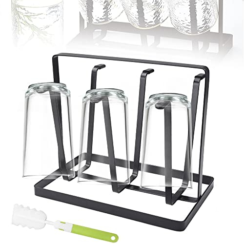 EMAGEREN Metall Abtropfhalter Tassen- und Flaschenhalter Schwarz Abtropfgestell Tassenhalter Flaschentrockner Anti-Rost Getränkehalter Becherständer Kaffeebecher-Organizer mit Flaschenbürste Schwamm