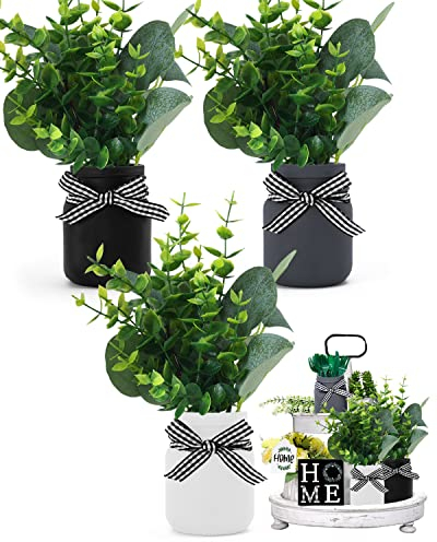 Farmhouse Tiered Tray Mini Floral Arrangement Mason Jar with Artificial Eucalyptus Leaves Rustic Faux Plants for Home Kitchen Office Desk Decor Small Vases White Tier Tray Greenery Accessory Set of 3