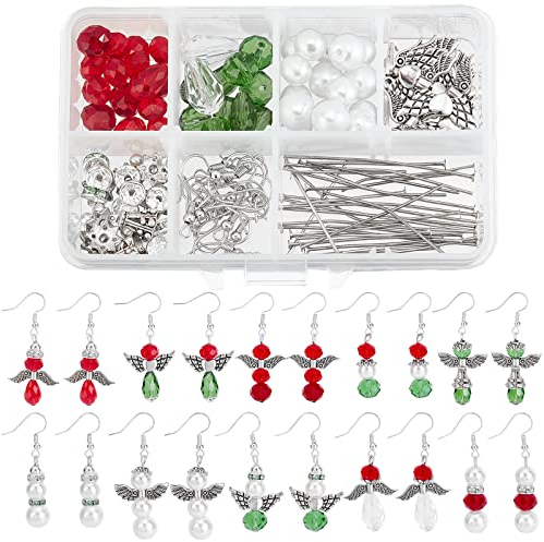 SUNNYCLUE 1 Box DIY 10 Pairs Christmas Charms Earring Making Kit Angel Beads for Jewelry Making Snow Flower Angel Wings Beads Faceted Bicone Crystal Glass Jump Rings Earrings Hooks Adult Women