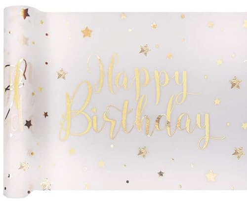 NEU Tischläufer Happy Birthday weiß-Gold, 30cm x 5m
