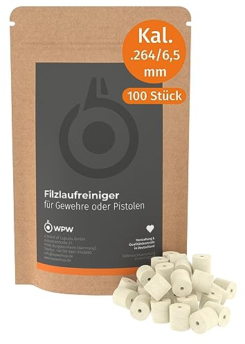 WPW Laufreiniger aus Filz für Kaliber .264/6,5 mm - 100 Stück, Filzreiniger, Gewehr, Flinten, Pistole & Revolver, Filz-Reiniger zur Waffenpflege & Waffenreinigung