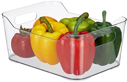 Relaxdays Organizer da Frigorifero, Contenitore da Cucina, Box per Alimenti, HLP: 10,5x25x18 cm, con Manici, Trasparente, 10.5 x 25 x 18 cm