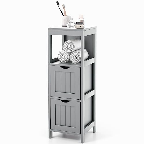 COSTWAY Badschrank schmal, Badezimmerschrank mit 2 Schubladen & offenem Fach, Badkommode modern, Aufbewahrungsschrank Schrank für Badezimmer & Wohnzimmer, 30 x 30 x 90 cm, grau