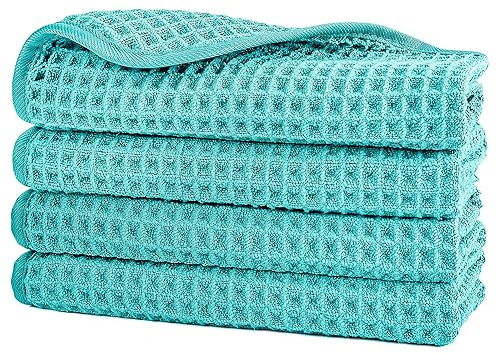 Polyte - Gants de toilette en microfibre - Non pelucheux - Structure gaufrée - Aqua - 33 x 33 cm - Lot de 4