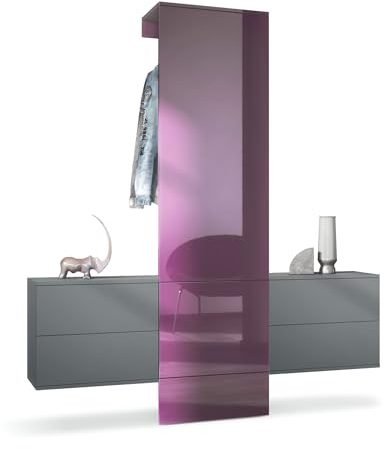 Vladon Garderobe Carlton Set 3, Made in Germany, Wandgarderobe aus Flur-Paneel & 2 Schubladen-Kommoden, Anthrazit matt/Brombeer Hochglanz (157 x 193 x 35 cm)
