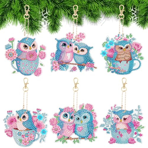 AUAUY 6PCS DIY Diamond Painting Schlüsselanhänger, 5D Eule Doppelseitige Diamant Painting Bilder Aufkleber Anhänger, Diamant Malerei Schlüsselbund Anhänger Geschenke für Weihnachten Kindergeburtstag