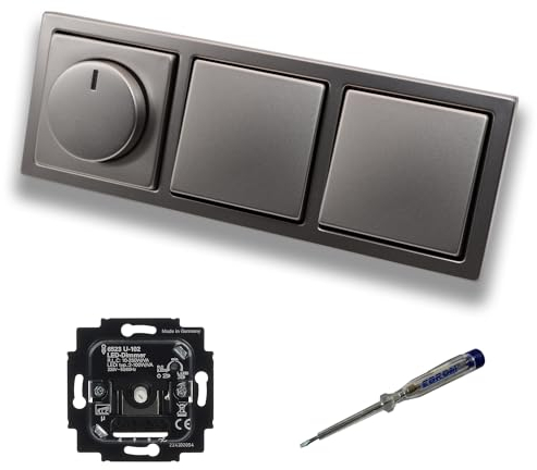 Busch Jäger 6523U-102 LED Drehdimmer Dimmer + Dimmerscheibe 6540-866-102 und 2 x Lichtschalter 2000/6 US in PUR Edelstahl inklusive EBROM Phasenprüfer zur Montage der Geräte 6523 U – 102