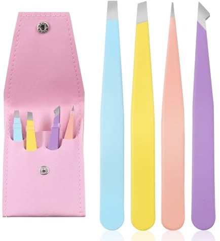 Tanstic 4Pcs Eyebrow Tweezers Set, Stainless Steel Slant Tweezer Precision Splinter Tweezers Hair Removal Tweezer with Storage Case for Facial Hair, Splinter, Ingrown Removal (Multi-color)