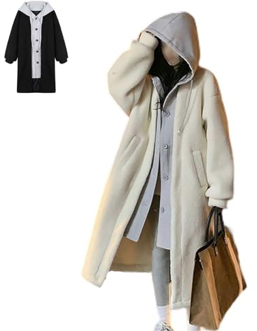 PonPed 2-lagige Kapuzenjacke aus Lammfellimitat, Winter-Damen-Kleid mit Kapuze, langes Fleece-Knopf-Outwear, verdickter Langer Windjacke (White,XXL)