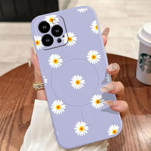 Foonary Cover Magnetica per Apple iPhone 14 Pro 6,1 Compatibile con MagSafe Ricarica Wireless, Aesthetic Margherite Fiori Custodia Silicone Liquido Antiurto Protettiva Case per iPhone 14 Pro Lilla