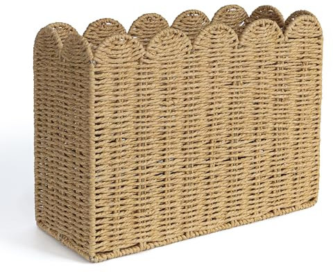 AELS Zeitschriftenhalter aus gewebter Naturfaser, gewellter Rand, handgewebter Organizer, Boho-moderner Bauernhaus-Bücherkorb, Datei-Zeitungsbriefhalter für Büro