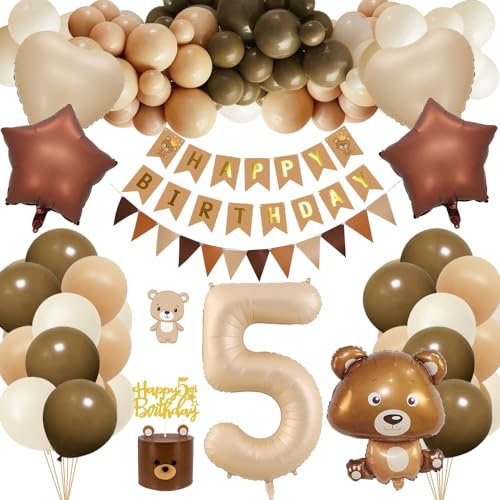 5. Geburtstagsdeko Junge Mädchen, Kindergeburtstag Deko mit Bär Luftballon, 5 Jahre Geburtstag Bär Deko, Happy Birthday Banner, Folienballon 5, Cake Topper, Partydeko für 5 Jahre Junge