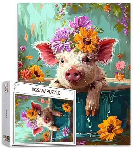 Tucocoo Puzzle mit Schwein in der Badewanne, 1000 Teile für Erwachsene, Bauernhaus, Bezaubernde Tierblumen, Kunst-Puzzles für anspruchsvolle Familienaktivitäten, buntes DIY-Puzzle für Heimdekoration