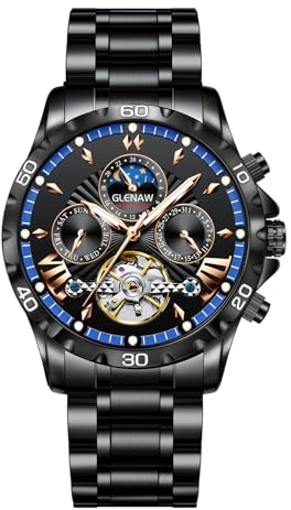 GLENAW Automatikuhren für Herren, mechanische Herrenuhr, Multifunktion, 24-Stunden-Datum, Tag, rotierendes Schwungrad, wasserdichte Uhren für Herren, schwarz blau, Modern