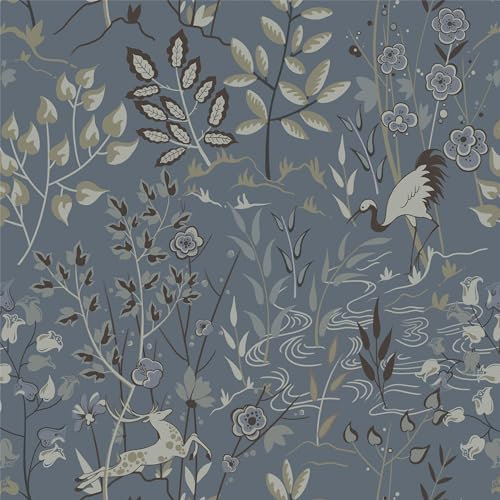 Timeet Klebefolie Blau Matt Selbstklebende Tapete Botanischer 39x1000cm Möbelfolie Selbstklebend Dunkelblau Tapeten Blumen Tier Muster Wasserdichte Vinyl Folie für Möbel Wand Schrank Schlafzimmer