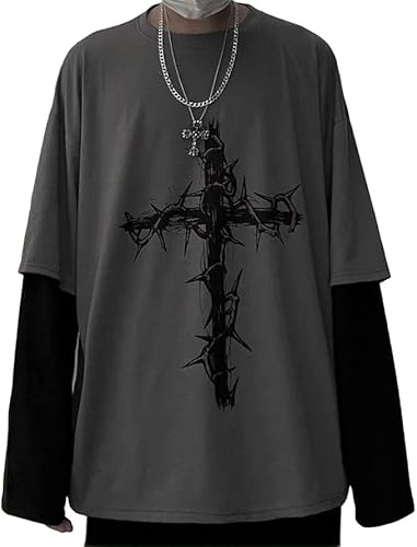 Men Women Gothic Shirt Y2K Emo Grunge Alt Vintage Long Sleeve Top Tee Dark Academia Harajuku Cross Sweatshirt Clothes Grey