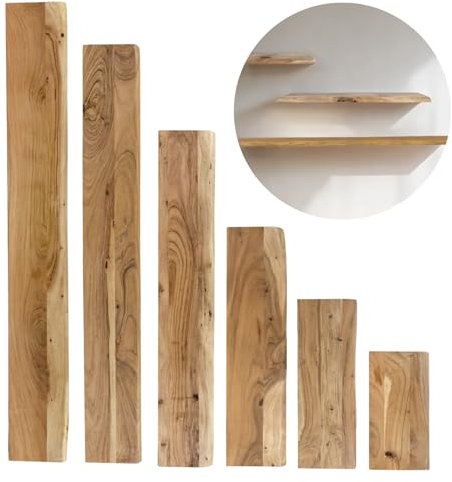 trelevo Wandregal 40x20 cm, Akazienholz massiv 26mm, Regalbrett naturfarben, Schweberegal Holz mit Baumkante, Steckboard inkl. Halterung, Holzbrett Deko