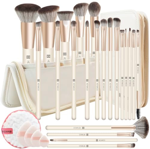 HEYMKGO Pinceles de maquillaje pinceles de maquillaje de cerdas Berde mango para base de maquillaje líquido, juego profesional de 22 unidades + 4 burbujas de esponja + esponja de limpieza + bolsa de