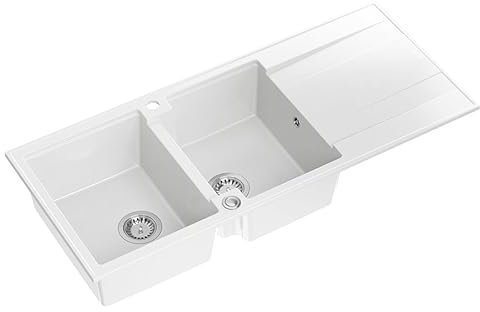 QUADRON Doppelbecken Spüle Weiß, EVAN 121 GraniteQ, 2 Becken Küchenspüle aus Granit in 1160 x 500 x 210 mm, Push 2 Offenes Spülbecken mit Siphon mit Abtropffläche, Oberfläche aus Stahl